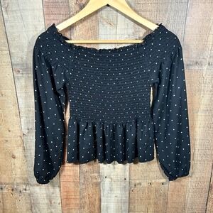 Japna Black Polka Dot Rayon Smocked Peplum Off Shoulder Top Boho Coquette Small